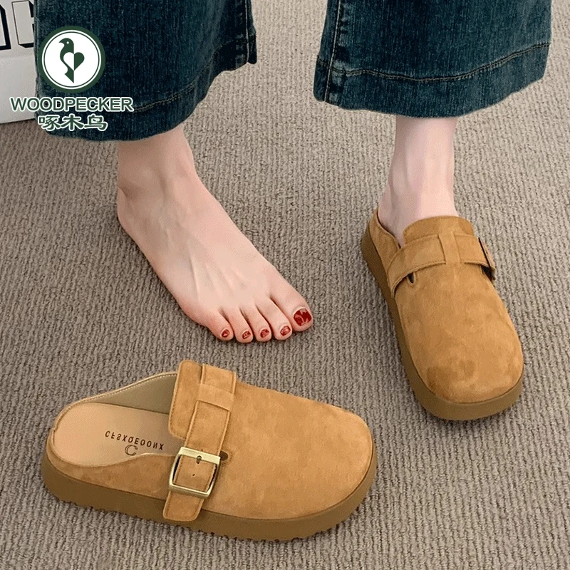 啄木鸟厚底勃肯鞋女2025新款春秋季一脚蹬懒人单鞋博肯包头半拖鞋