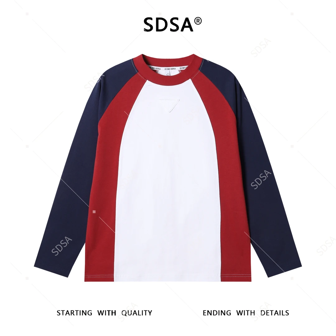 SDSA男士秋冬新款轻奢痞帅男装拼接撞色倒三角圆领长袖T恤时尚潮