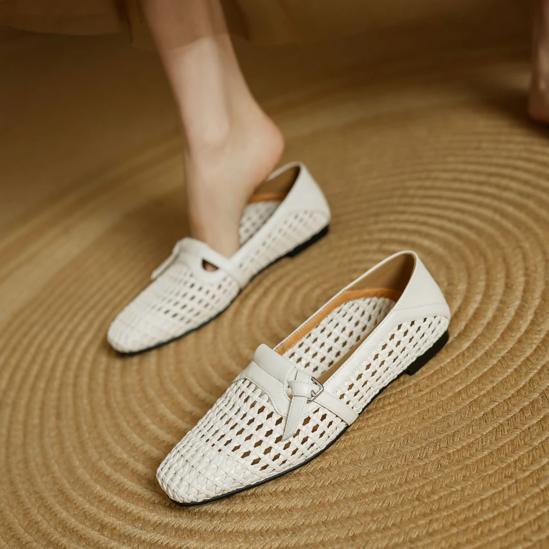 牛皮编织镂空平底单鞋舒适休闲百搭时尚春夏浅口女鞋软底一脚蹬