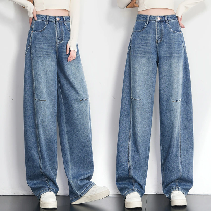蓝色宽松牛仔弯刀女2025春秋流行新款休闲高腰显瘦牛仔镰刀裤