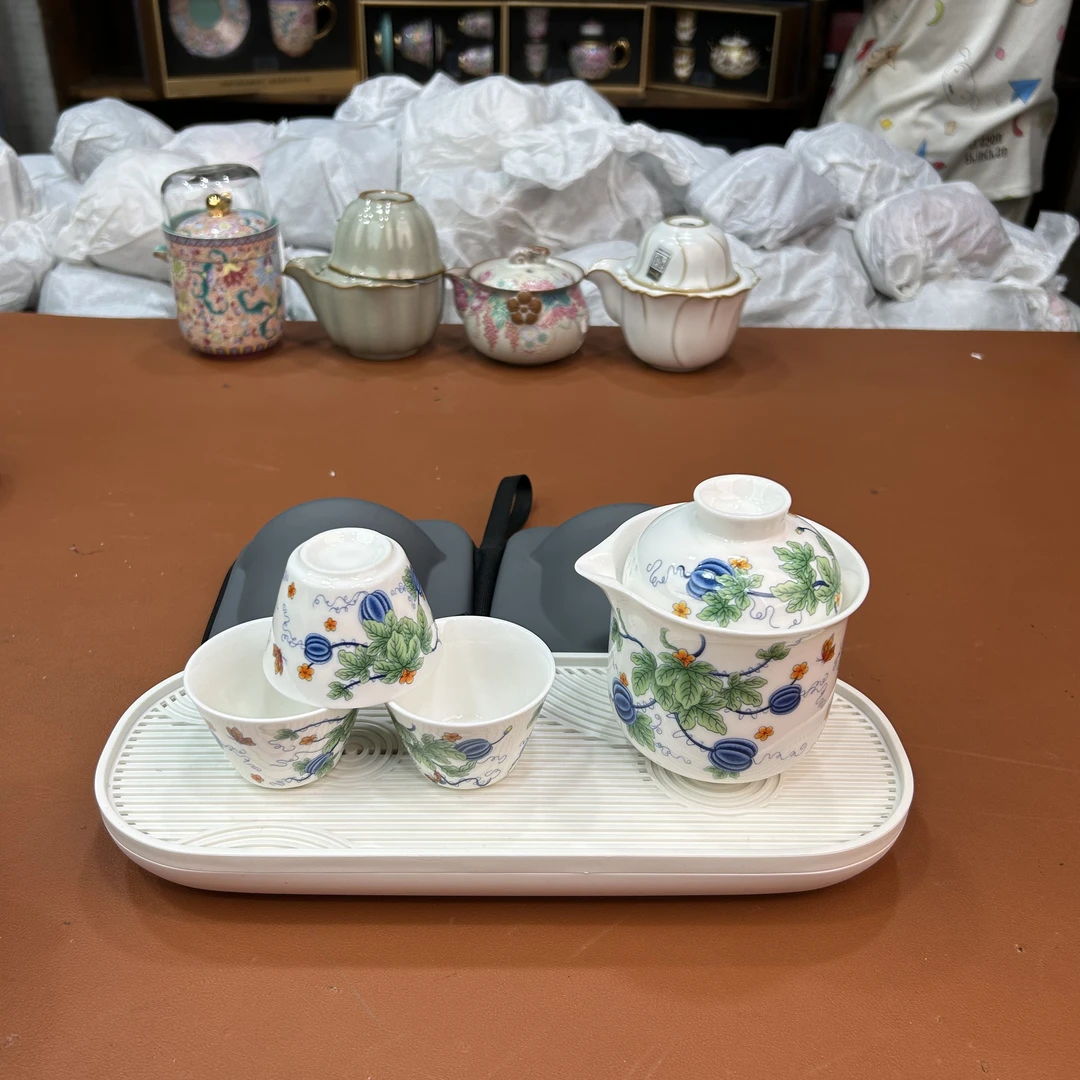 ZH3938-白瓷南瓜一壶三杯带茶盘旅行茶具