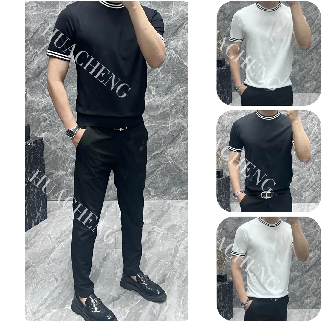 【画成】夏季新款男士简约百搭针织短袖条纹撞色圆领T恤 GM093