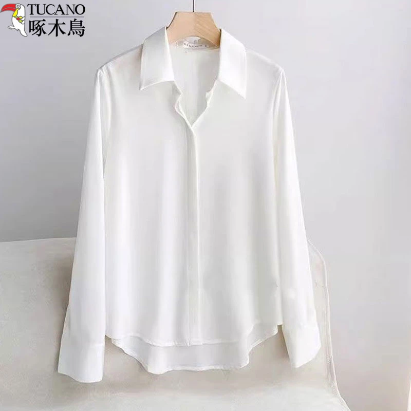法式白色衬衫新款气质长袖缎面时尚显瘦衬衣女款爆款2025新款正品