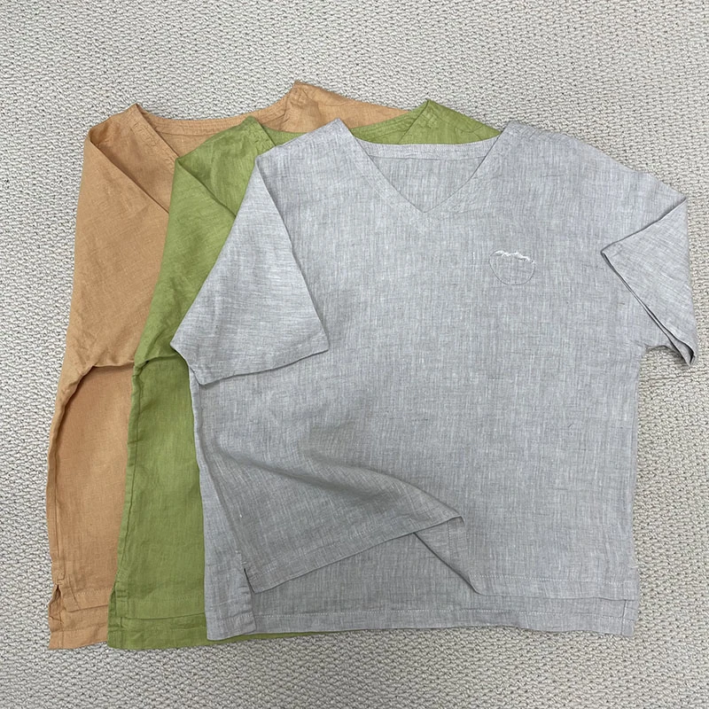夏季亚麻V领短袖文艺休闲百搭上衣