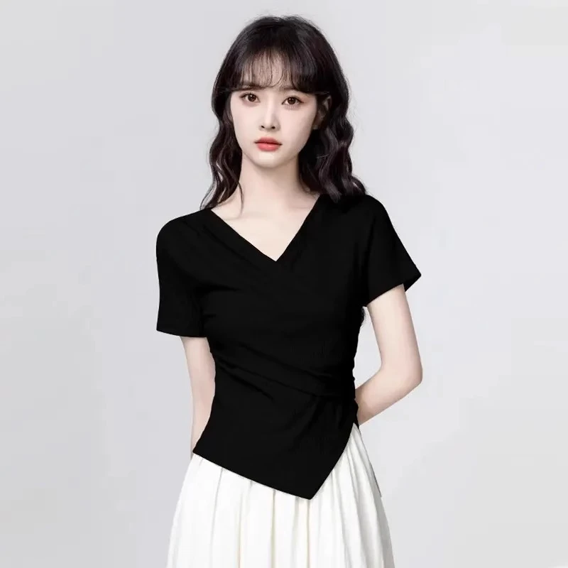 气质交叉V领短袖t恤夏季不规则百搭精致正肩半袖时尚黑色小衫ins