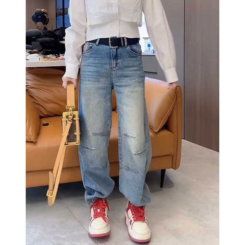 高腰直筒窄版宽松弯刀拖地裤女早春新款阔腿显瘦小个子大码牛仔裤