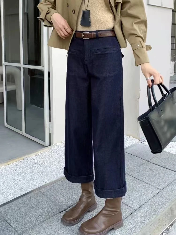 66388-复古风格A字版 百搭比例秋冬薄绒牛仔小个子阔腿裤