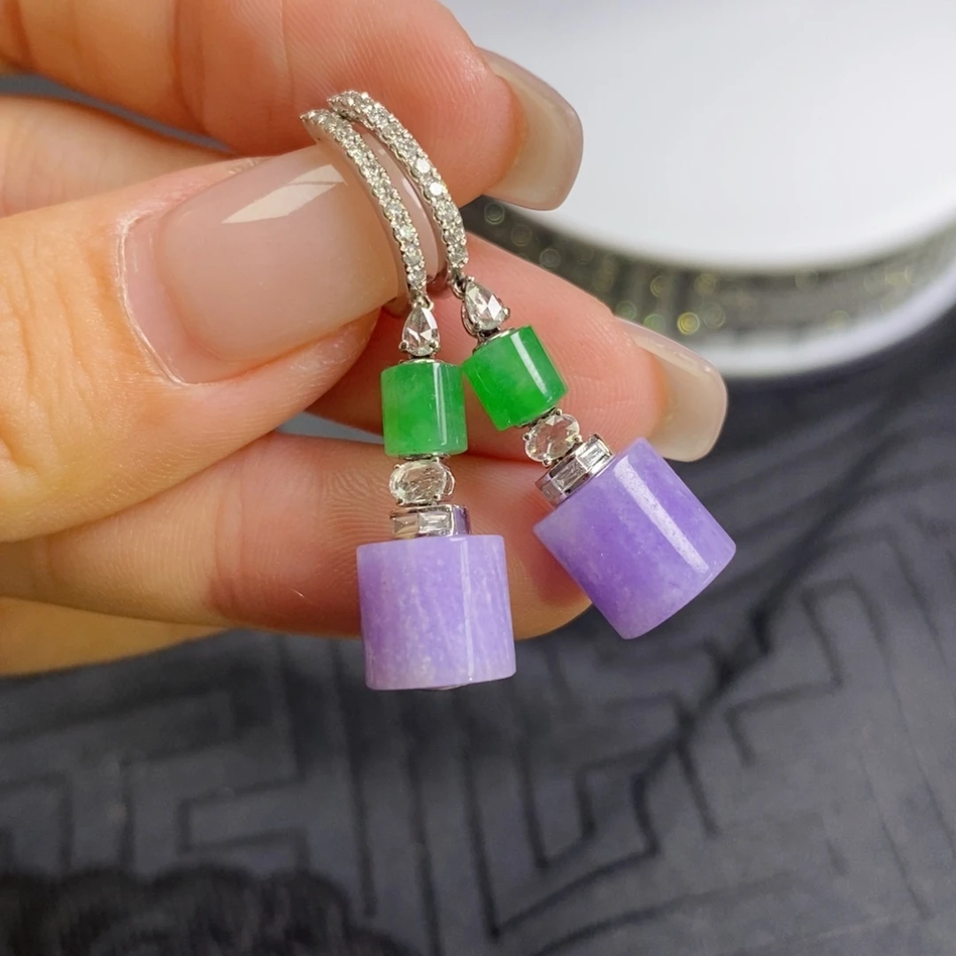 翡翠18K金镶嵌耳饰紫罗兰桶珠