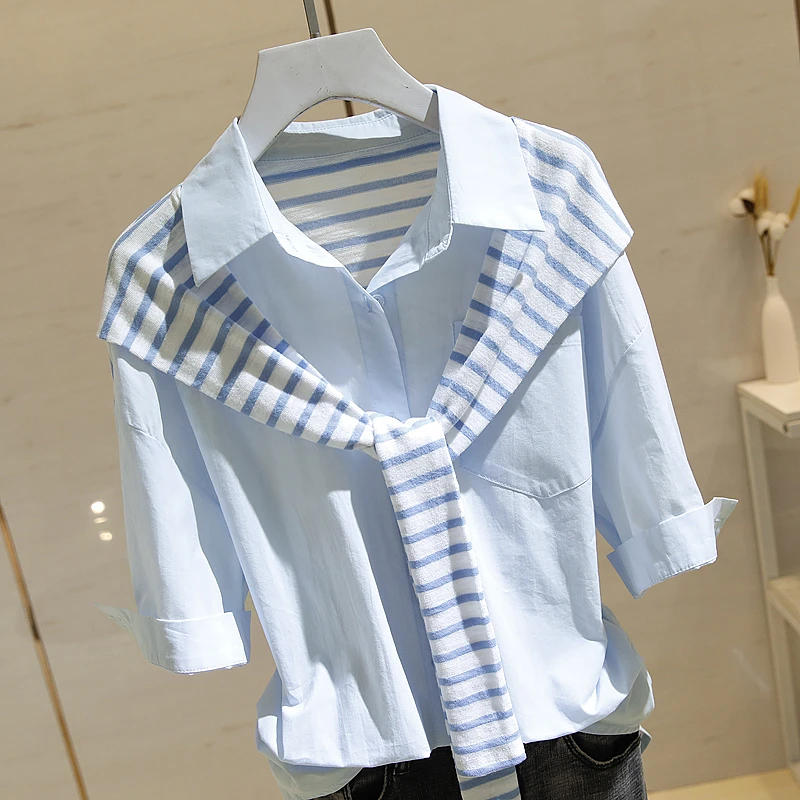 假两件条纹披肩短袖衬衫女2025夏季新款韩版宽松显瘦气质衬衣上衣