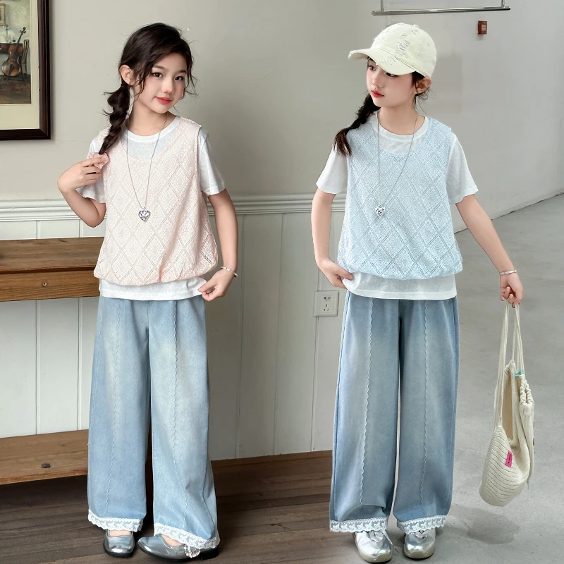 女童夏季款2025短袖蕾丝马甲百搭T恤修身直筒裤花边牛仔裤三件套