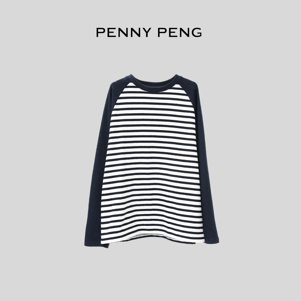 PENNYPENG一封情书秋季100棉舒适亲肤藏青色撞色插肩袖圆领卫衣