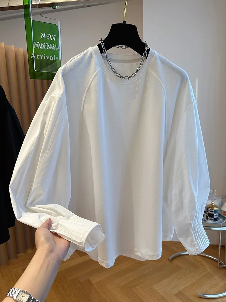 2025春秋季新款灯笼袖褶皱拼接衬衫卫衣女宽松t恤打底衫上衣女潮