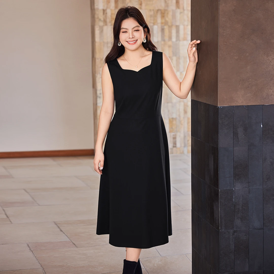 MsShe大码女装2025秋装气质垂感方领内搭无袖针织连衣裙S2509023