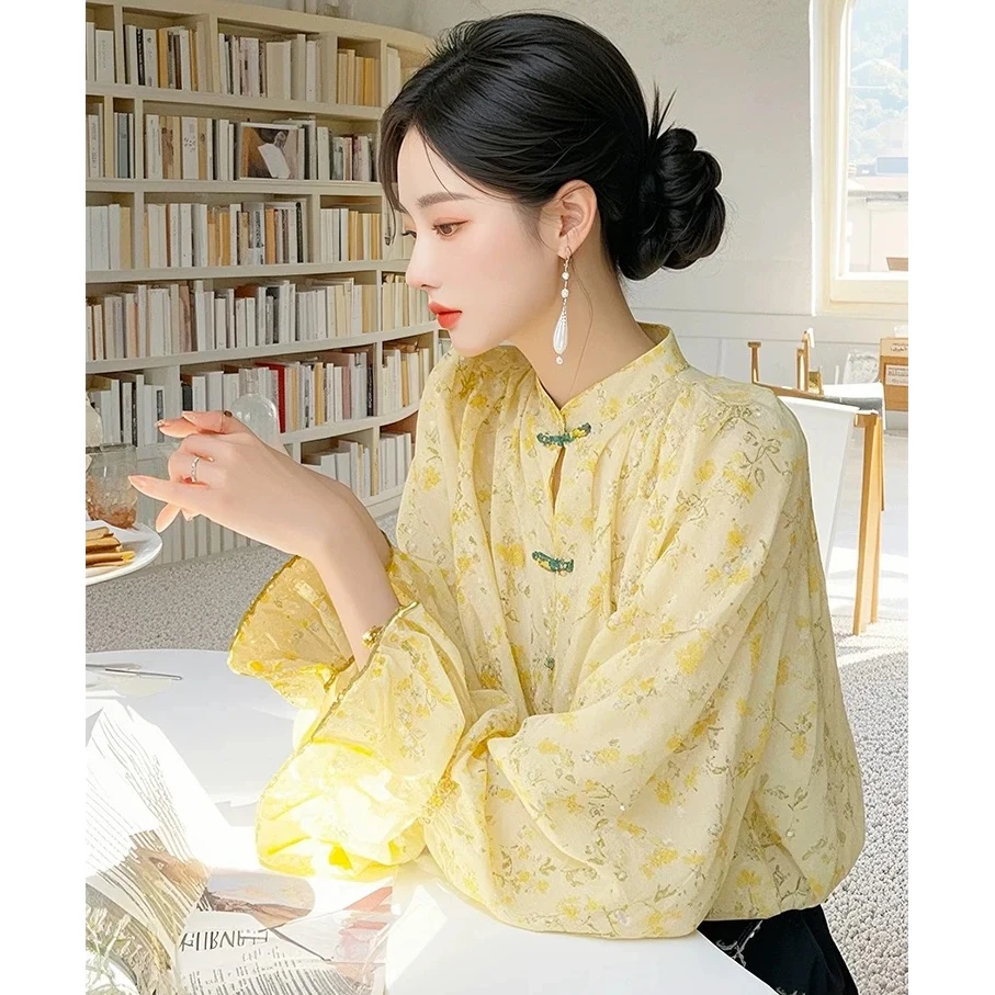 新中式国风黄色碎花衬衫女2025新款高级感超好看气质绝美小衫