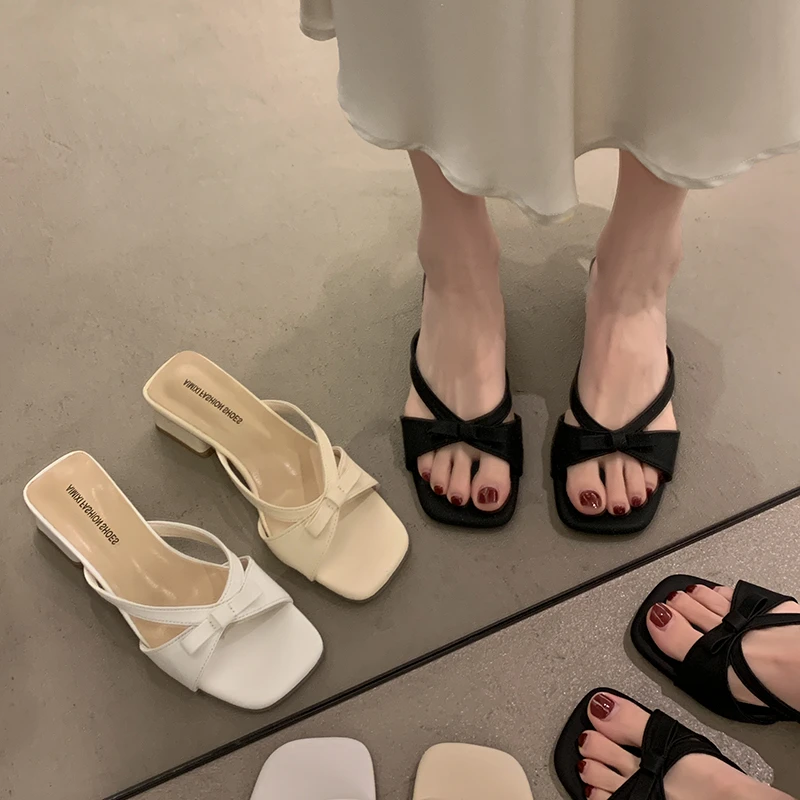 【达人专属】贾不假蝴蝶结方头露趾一字拖外穿法式仙女粗跟气质