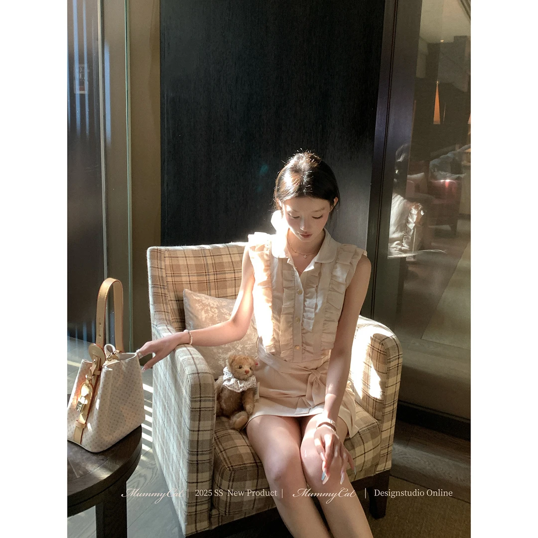 Mummy Cat 下蛋喵 25新品莱赛尔亚麻对丝荷叶无袖绑带连衣裙