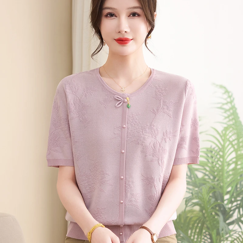 中年女士夏装新款针织短袖洋气新中式上衣妈妈夏季薄款女冰丝T恤