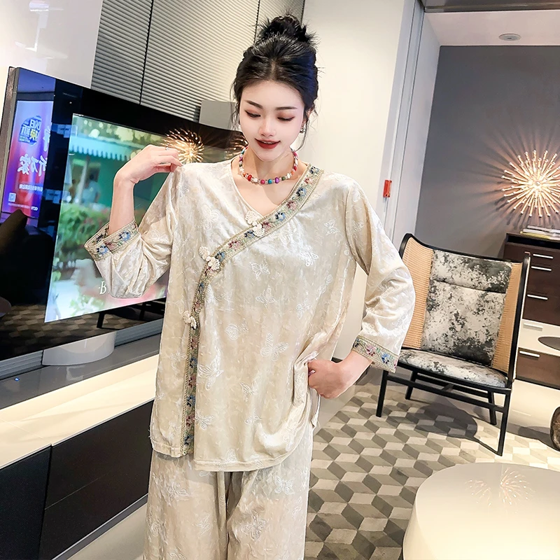 春秋大码宽松休闲女士睡衣中式提花气质优雅时尚金钻绒家居服套装