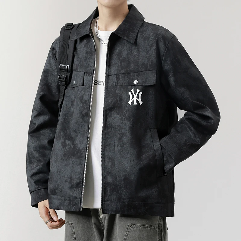 DeweLvum秋冬季新款外套男士百搭宽松运动休闲翻领扎染夹克上衣男