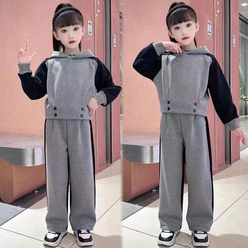 女童运动春秋洋气休闲风套装2025新款中大童时尚卫衣撞色两件套