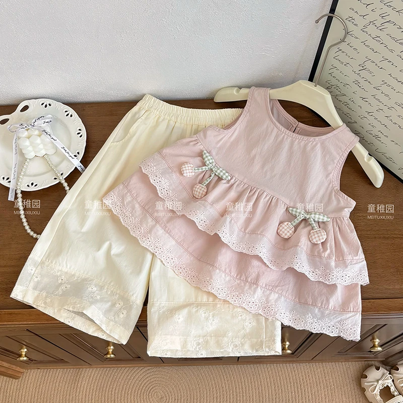 女童夏季新款套装洋气无袖娃娃衫上衣女宝宝时髦阔腿休闲裤两件套