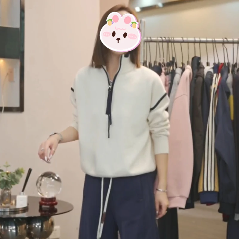 时尚休闲设计半拉链立领针织衫女2025冬季新款宽松显瘦气质上衣潮