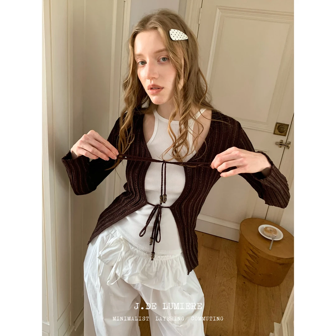 JDE 早秋绑带修身显瘦长袖针织衫女通勤休闲系带叠穿外搭开衫上衣