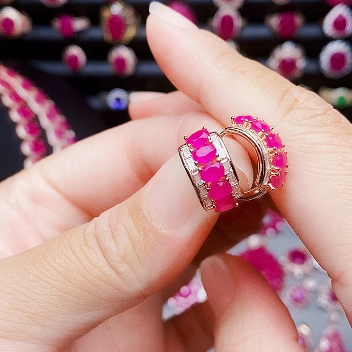 红宝石耳饰银S925镶嵌