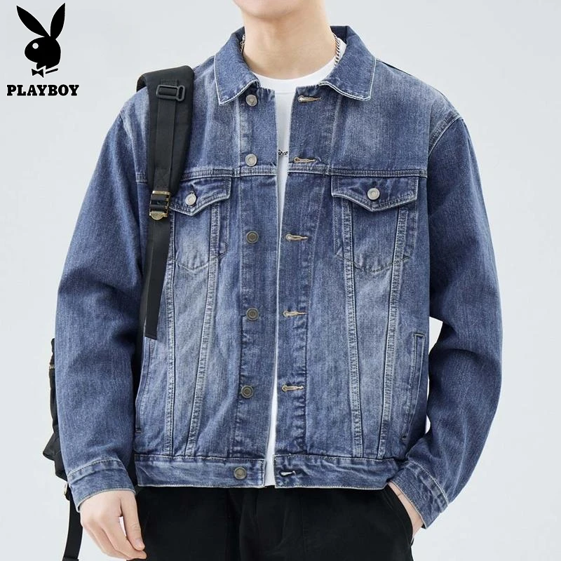 花花公子男士夹克时尚春秋季新款潮牌高街痞帅水洗休闲牛仔外套男