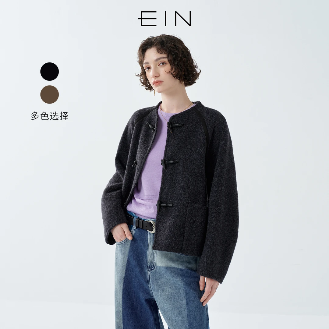 EIN/言复古学院风绵羊毛双面呢牛角扣文艺短大衣2025早秋新款
