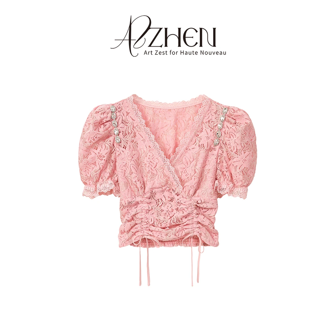 AZZHEN【蕾丝美梦】V领订钻蕾丝收腰泡泡袖上衣AZ5BST10-00小衫镂空