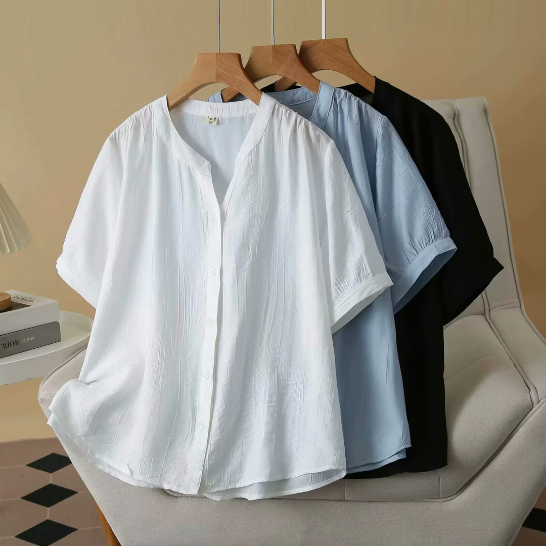 奢怡雅欣宇大码洋气显瘦圆领桃花皱夏季短袖衬衫休闲女上衣依8324