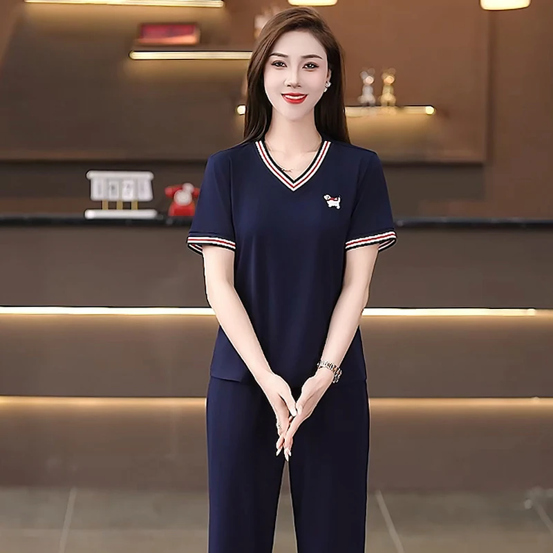 休闲套装女夏季短袖七分裤气质薄款中年减龄大码显瘦宽松女士套装