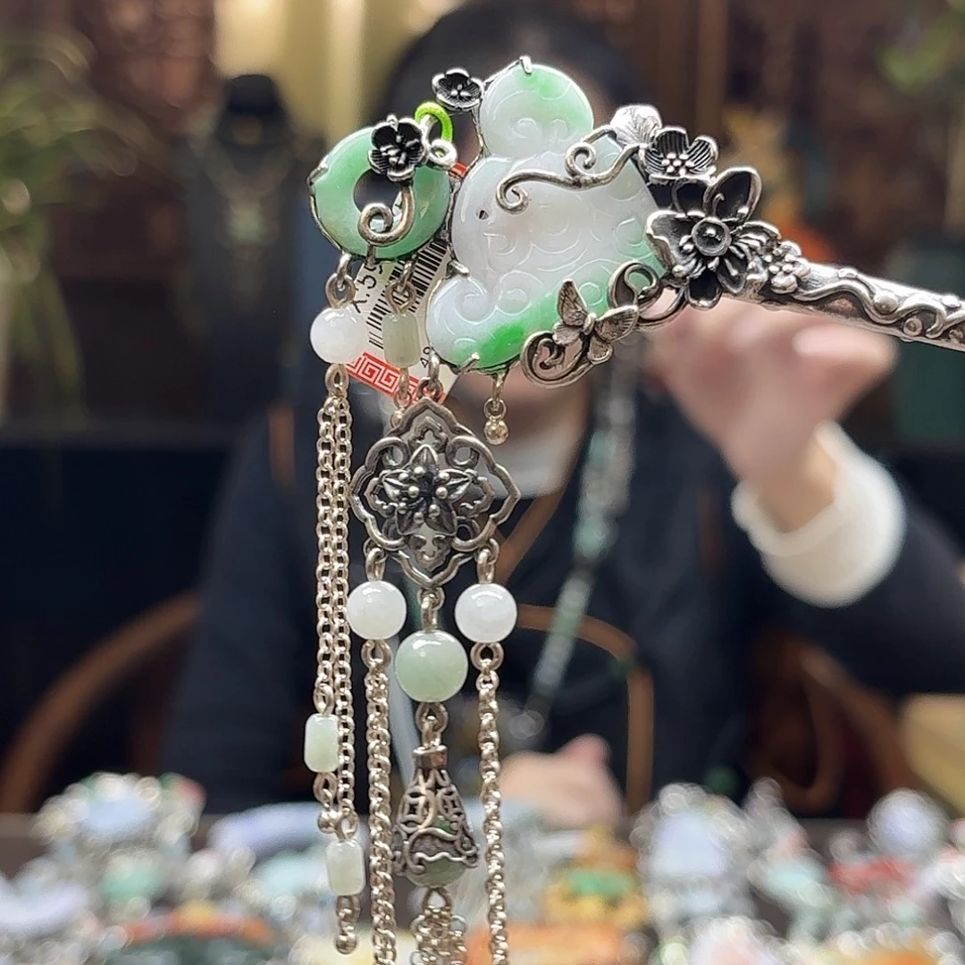 翡翠银S925镶嵌发簪发簪