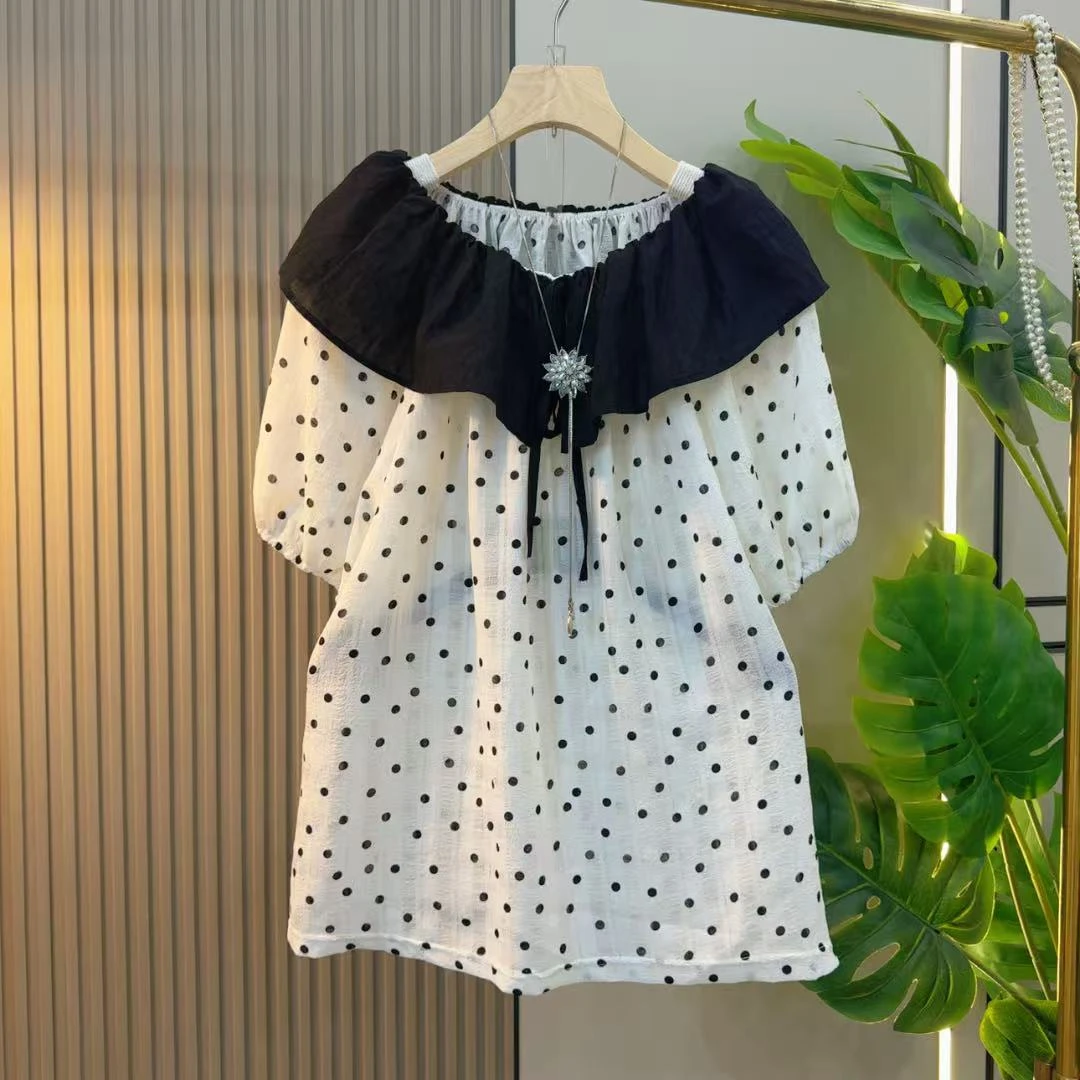 2025春夏季新款气质显瘦短袖上衣遮肚子一字肩上衣