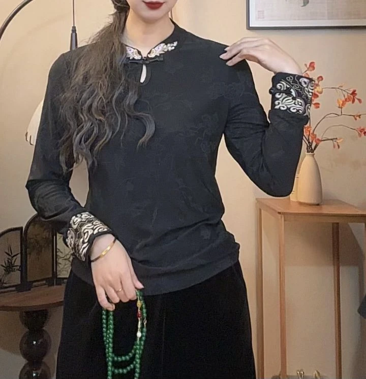 【祥云】刺绣厚款长袖立领套头直襟上衣复古小衫气质重工新中式小衫