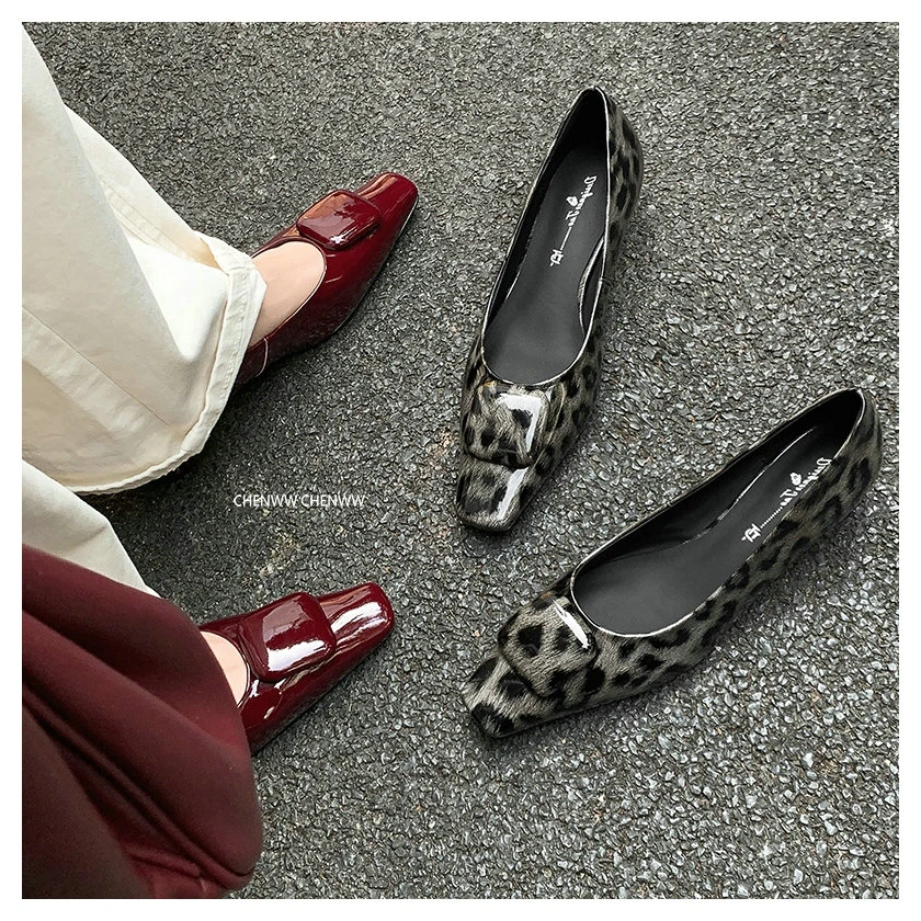 【CHENWW】豹纹浅口方头粗跟真皮单鞋法式时尚百搭气质通勤低跟单鞋