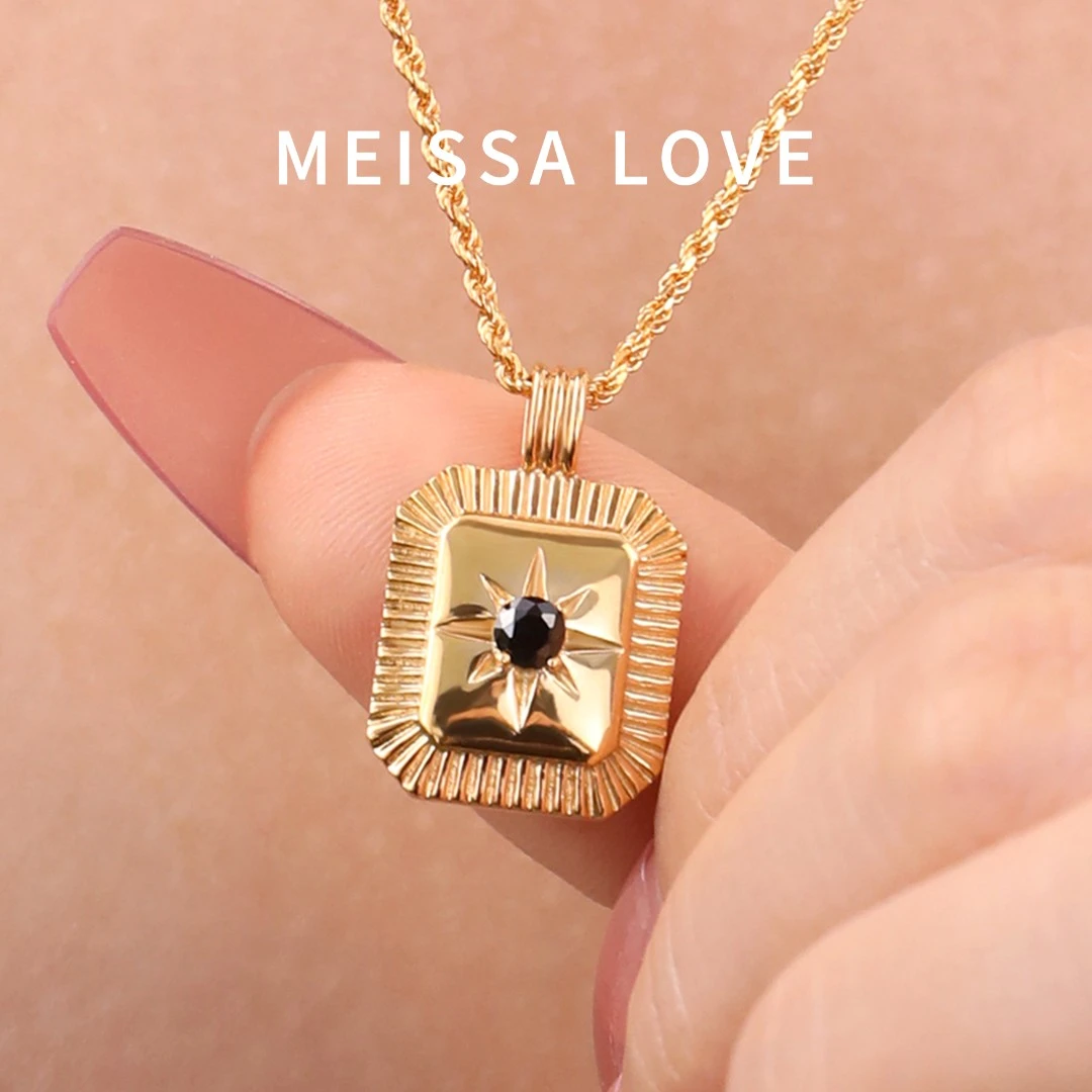 坠链均925银合成锆石 方阳星耀项链 八芒星方牌吊坠项链精致饰品