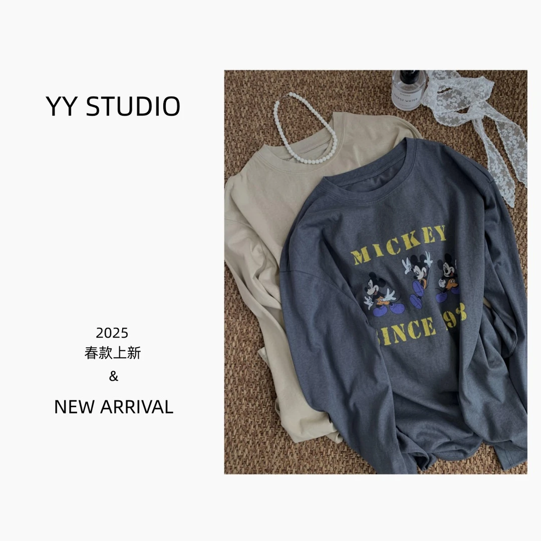 2025新款 YY STUDIO 春款时尚米奇印花休闲长袖水印圆领套头T恤