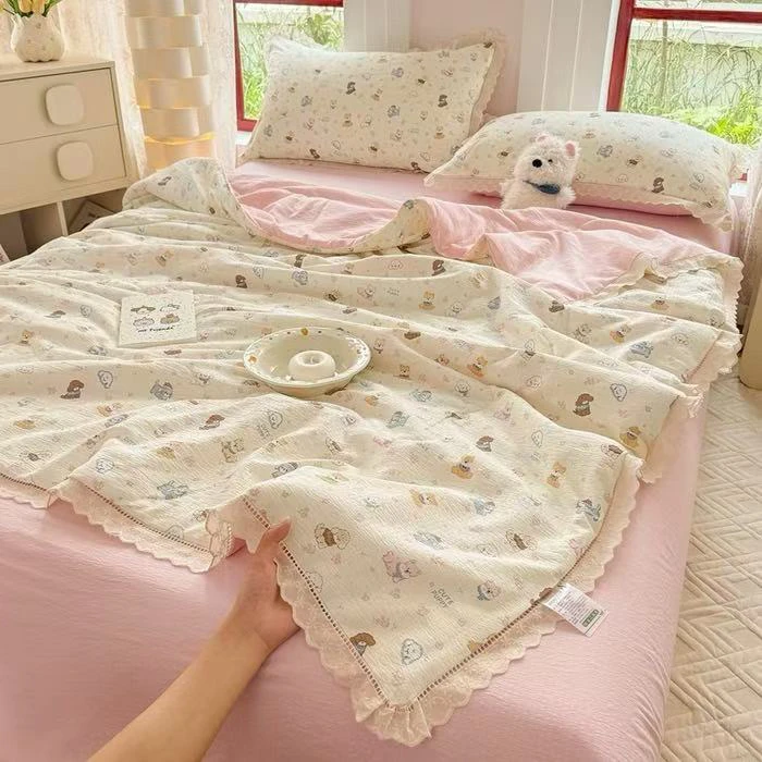 韩版花边夏凉被四件套2025新款云感木棉皱皱双层纱夏被可机洗