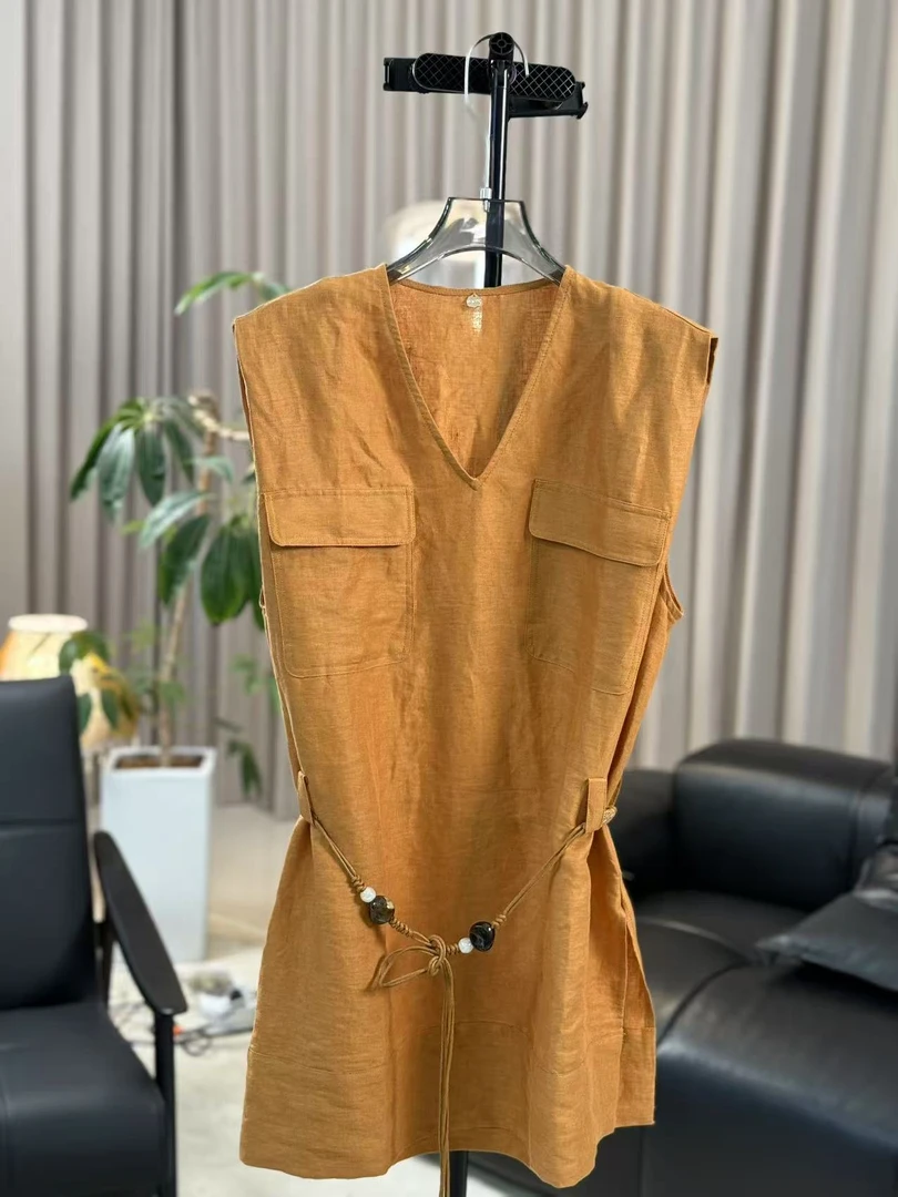 【柳青女装】2025夏季新款A字裙连衣裙V领桔色无袖带腰带连衣裙6292