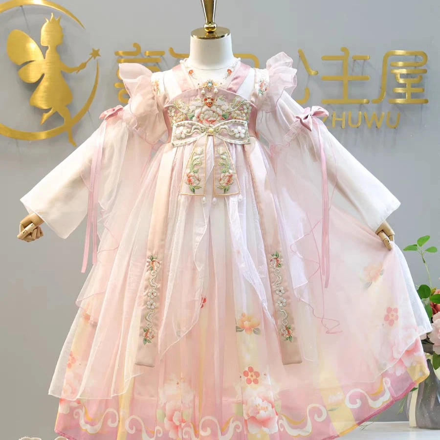 女童汉服春夏款公主风小仙女纱裙汉服襦裙日常可穿小女孩裙子粉色