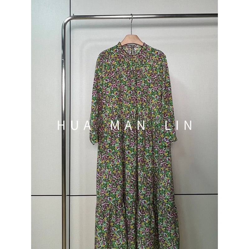 【花满林】小立领黄绿叶树莓色小碎花双绉真丝桑蚕丝连衣裙255548