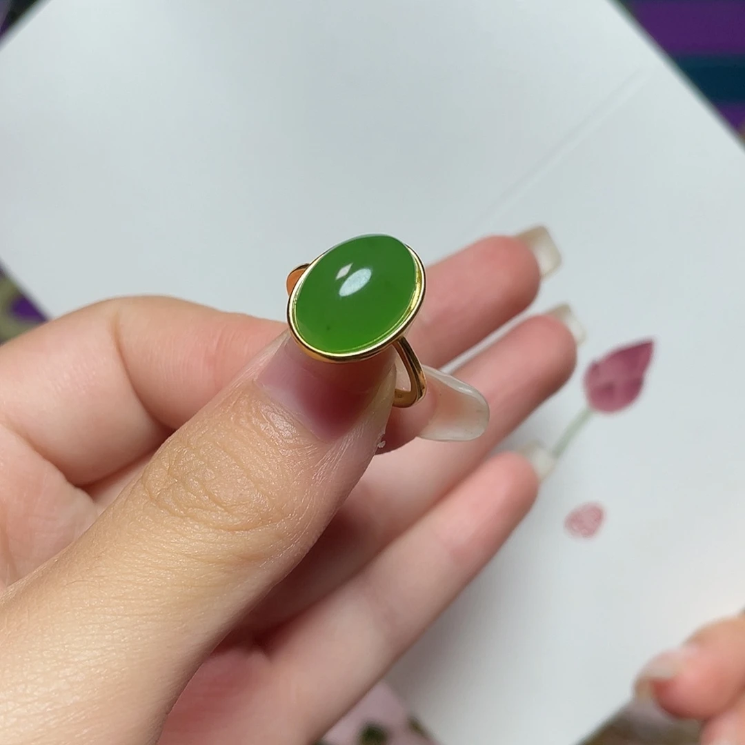和田玉戒指银S925镀金镶嵌果绿