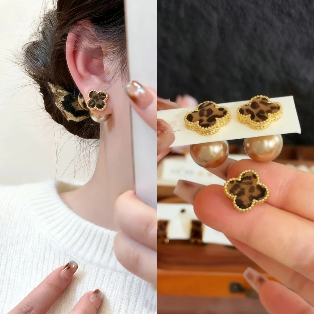 铜合金耳饰 法式豹纹幸运草珠珠耳钉一款两戴高级感耳环氛围感