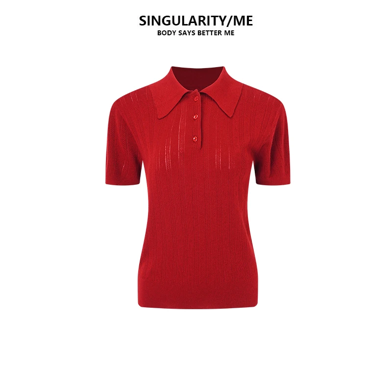 Singularity Me 3A 3816 红色T恤显白显气质polo领针织短袖女上衣
