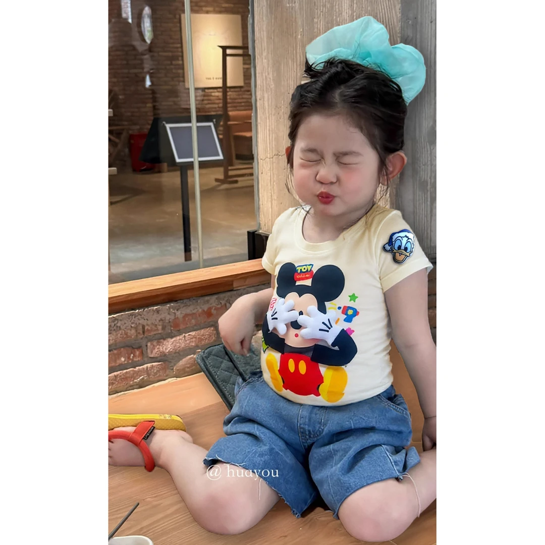 儿童夏季时尚印花立体玩偶百搭短袖卡通纯棉T恤圆领洋气