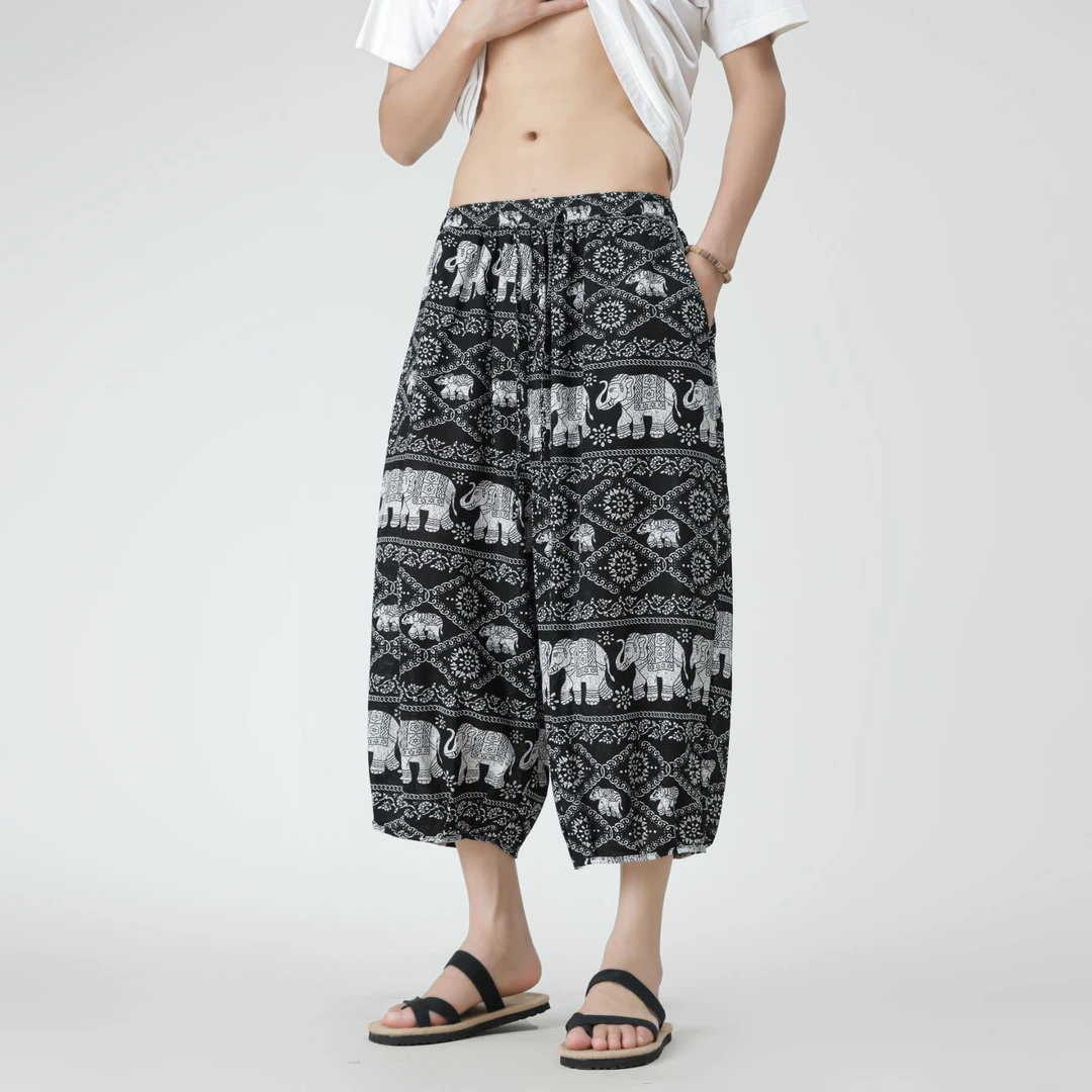 夏季薄款泰国大象印花沙滩裤新中式民族风男裤子宽松直筒七分短裤