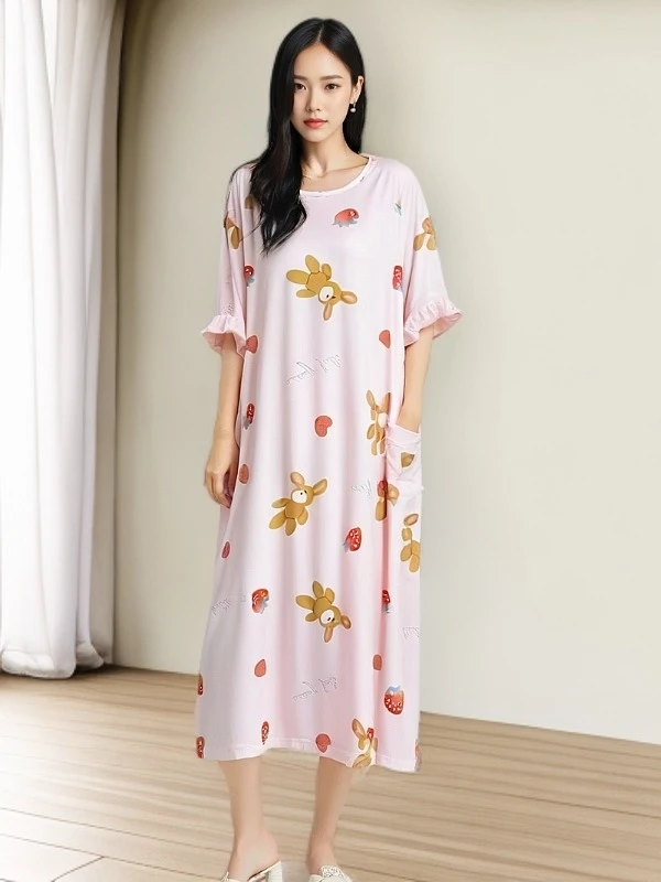 小胖【针织棉】微胖款睡裙夏季女纯棉家居服胖MM大码短袖睡衣连衣裙