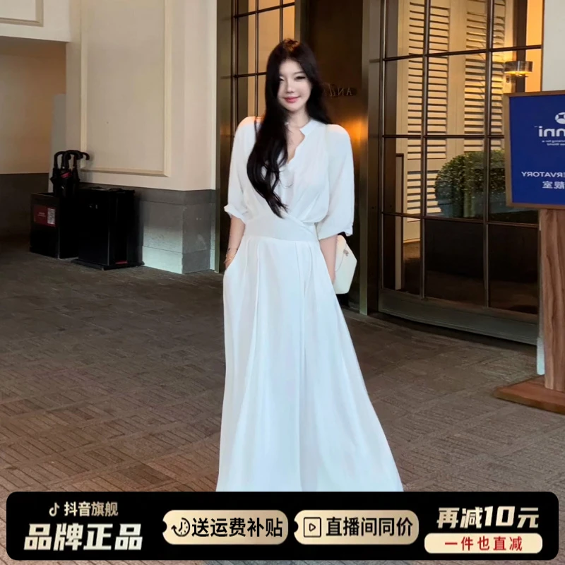 法式气质白色衬衫连衣裙子洋气衣服女夏季高级感收腰大摆宽松长裙